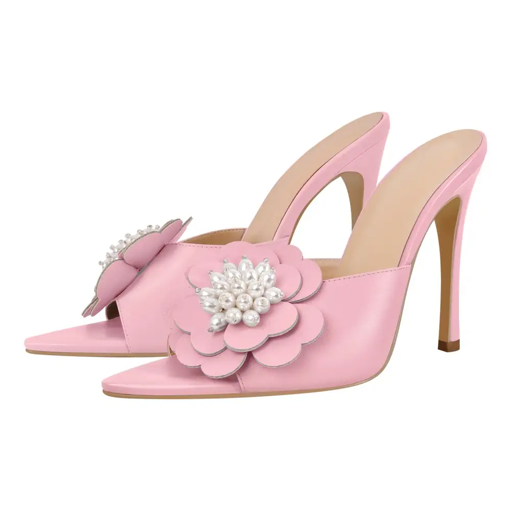 Pearl Flower Pointed Toe Stiletto Mule Sandals