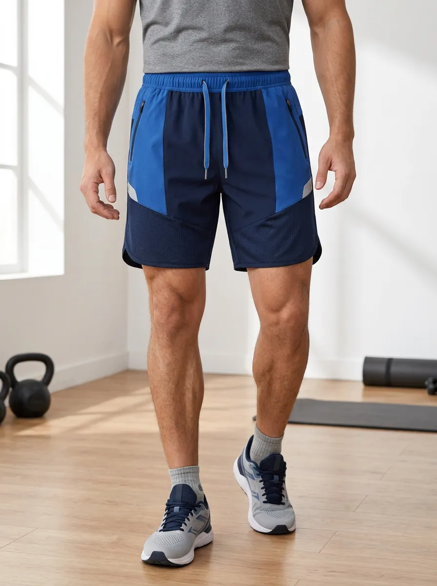 Men's Gym Fitness Colorblock Zipper Pocket Athletic Shorts