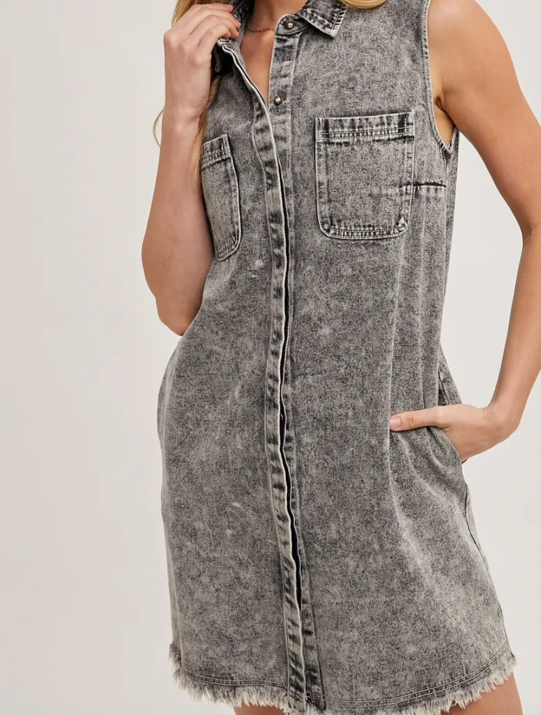 Washed Shirt Dress With Frayed Hem