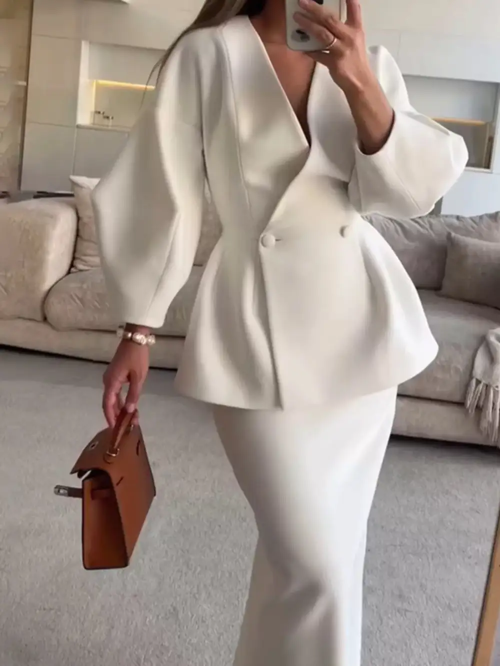 Double-Breasted Peplum Blazer Matching and Skirt Set