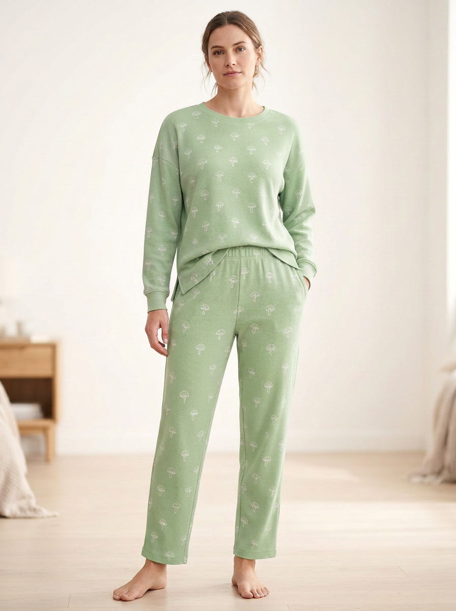 Women's Mushroom Waffle-Texture Crewneck Lounge Set