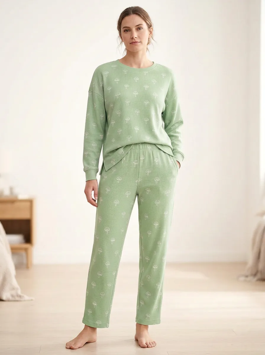 Women's Mushroom Waffle-Texture Crewneck Lounge Set