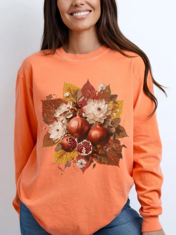 Pomegranate and Floral Long Sleeve T-Shirt
