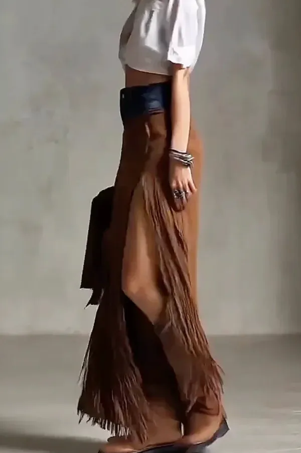 Fringe Suede Boho Maxi Skirt
