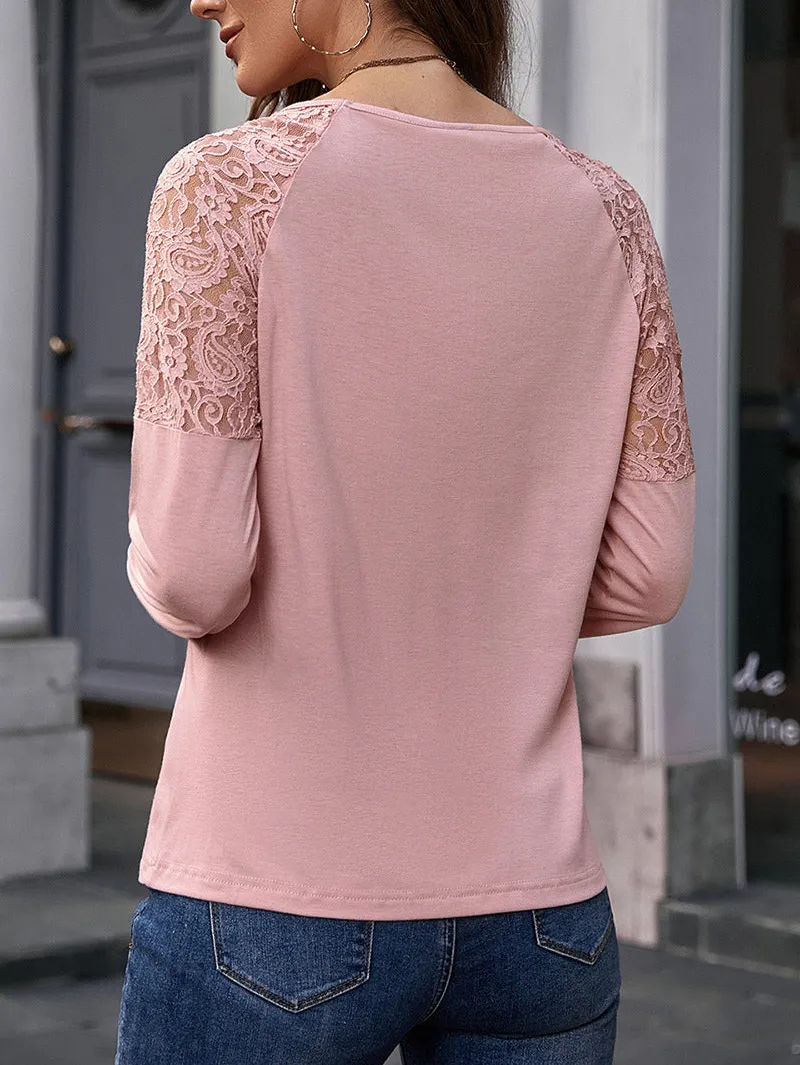 Lace Trim Round Neck Raglan Sleeve T-Shirt