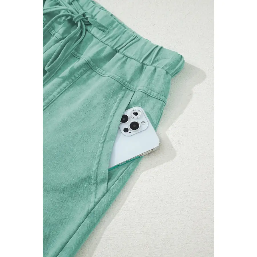 Mineral Wash Exposed Seam Drawstring High Waist Wide Leg Cargo Pants