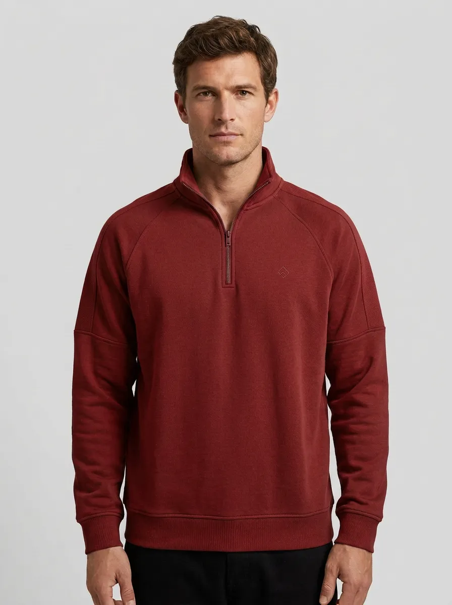 Men's Contemporary Minimalist Textured Raglan Embroidered Emblem Stand-Collar Quarter-Zip Sweatshirt