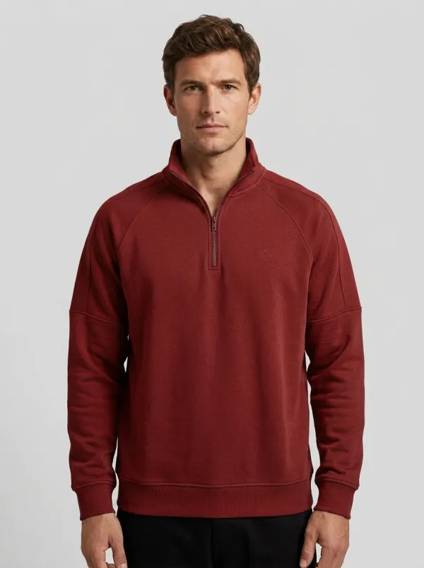 Men's Contemporary Minimalist Textured Raglan Embroidered Emblem Stand-Collar Quarter-Zip Sweatshirt