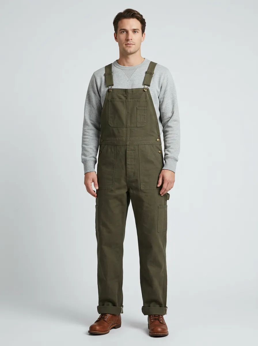Men's Casual Workwear Olive Green Cotton Bib Overalls