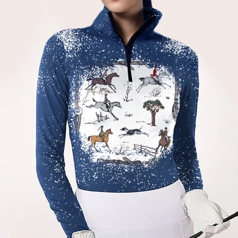 Women's foxhunting Horse Print Long Sleeve Casual Shirt