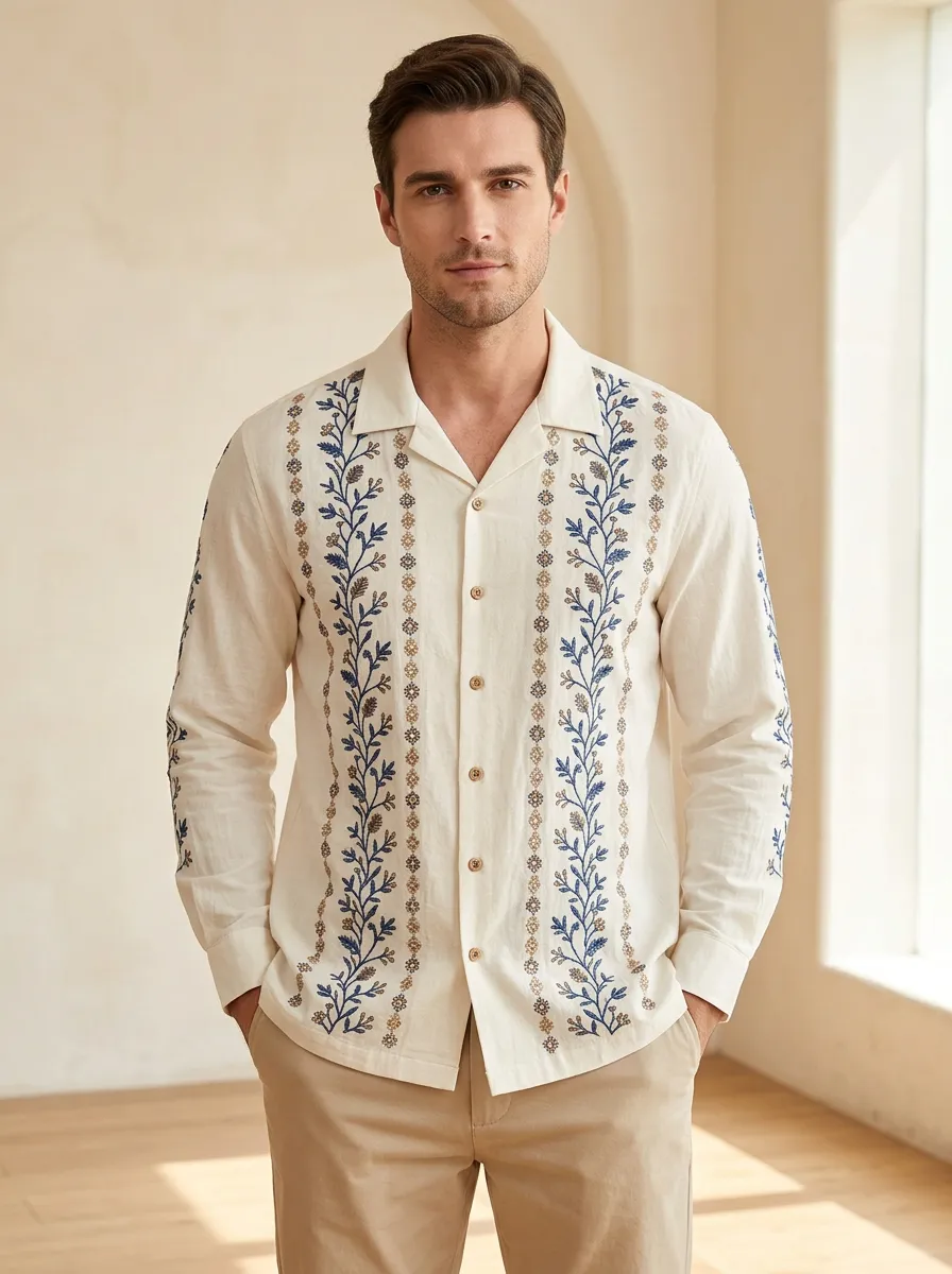 Men's Relaxed Floral Boho Embroidered Long Sleeve Shirt