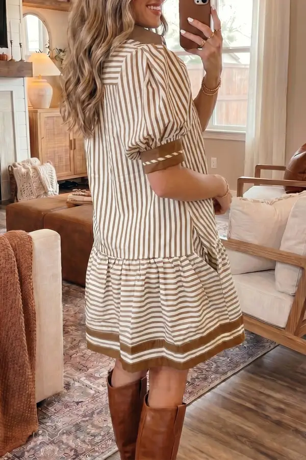 Stripe Shirt Collar Color Block Patchwork Trim Ruffle Hem Short Dress