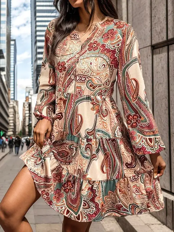 Long Sleeve Relaxed Buttoned Flower Print Split Joint V Neck Mini