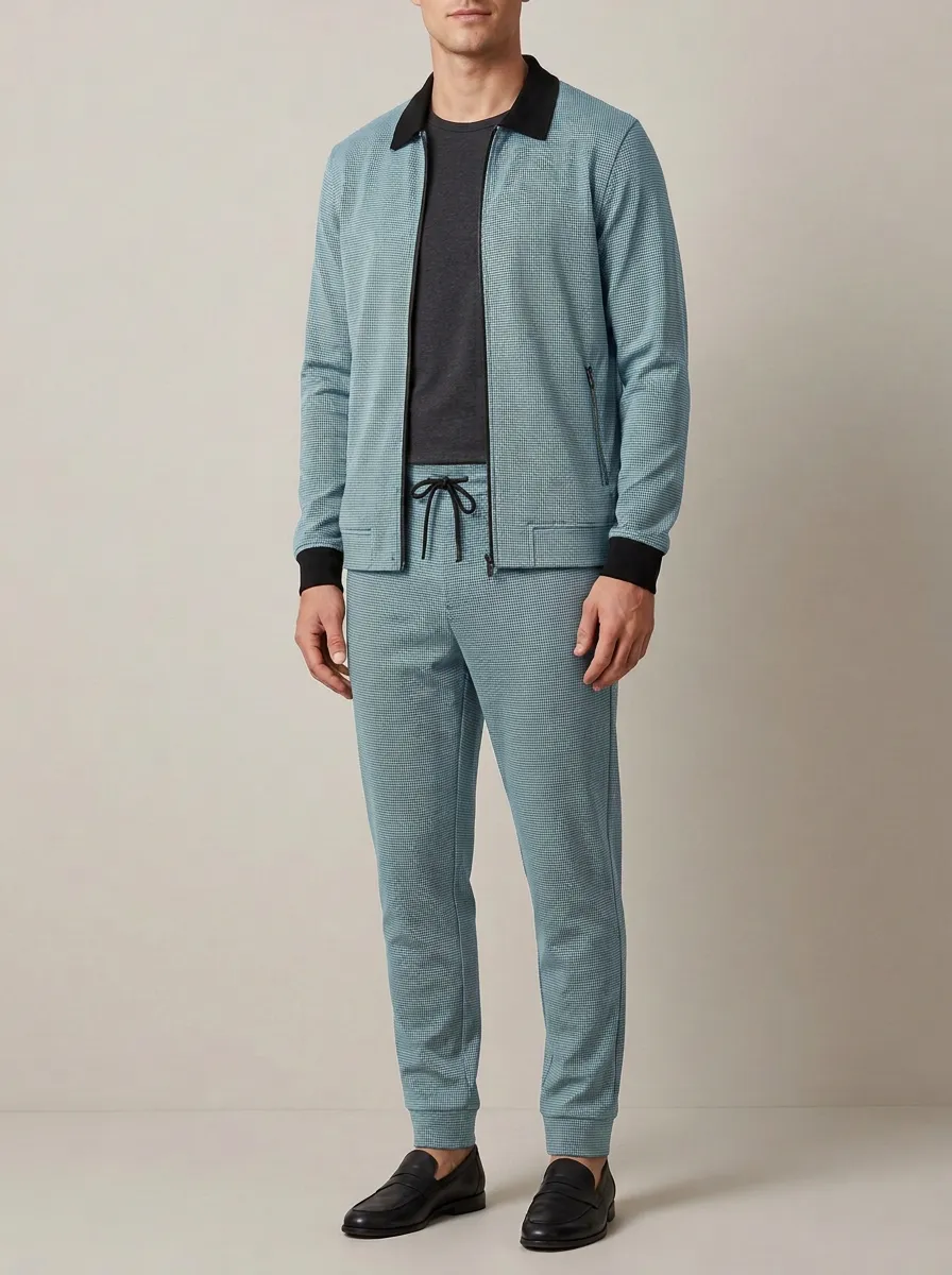 Men's Everyday Houndstooth Polo Collar Jacket and Jogger Pants Set