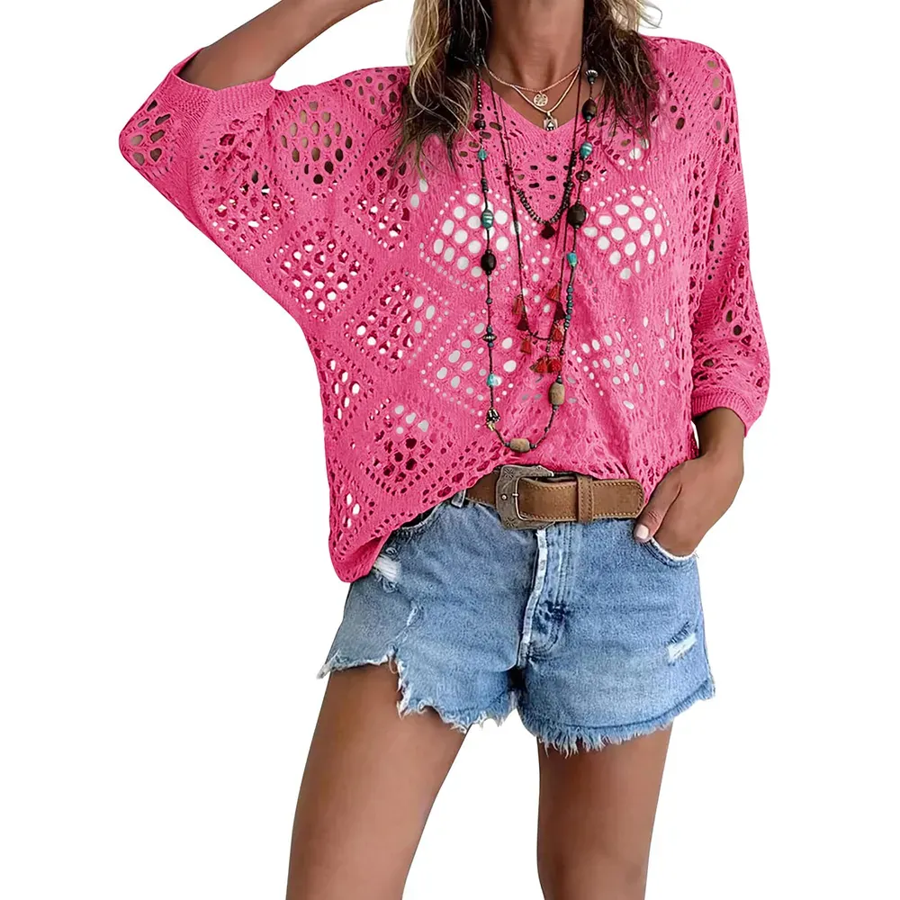 Women's Bohemian-Inspired Beige Crochet Top with V-Neck