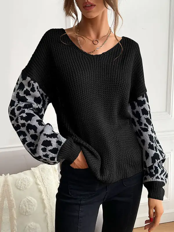 Leopard Print Paneled V-Neck Puff Sleeve Relaxed Fit Sweater