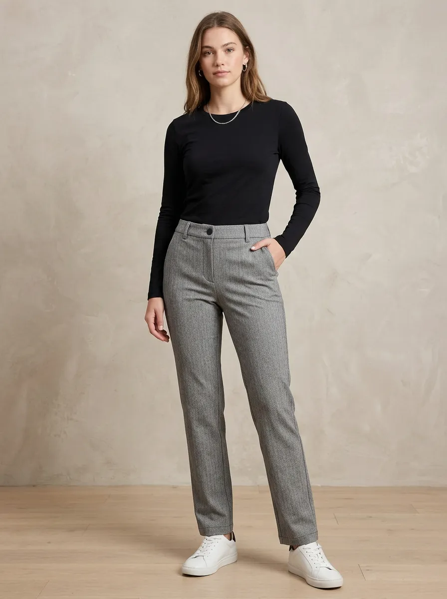Women's Business Casual Grey Herringbone Printed Trousers