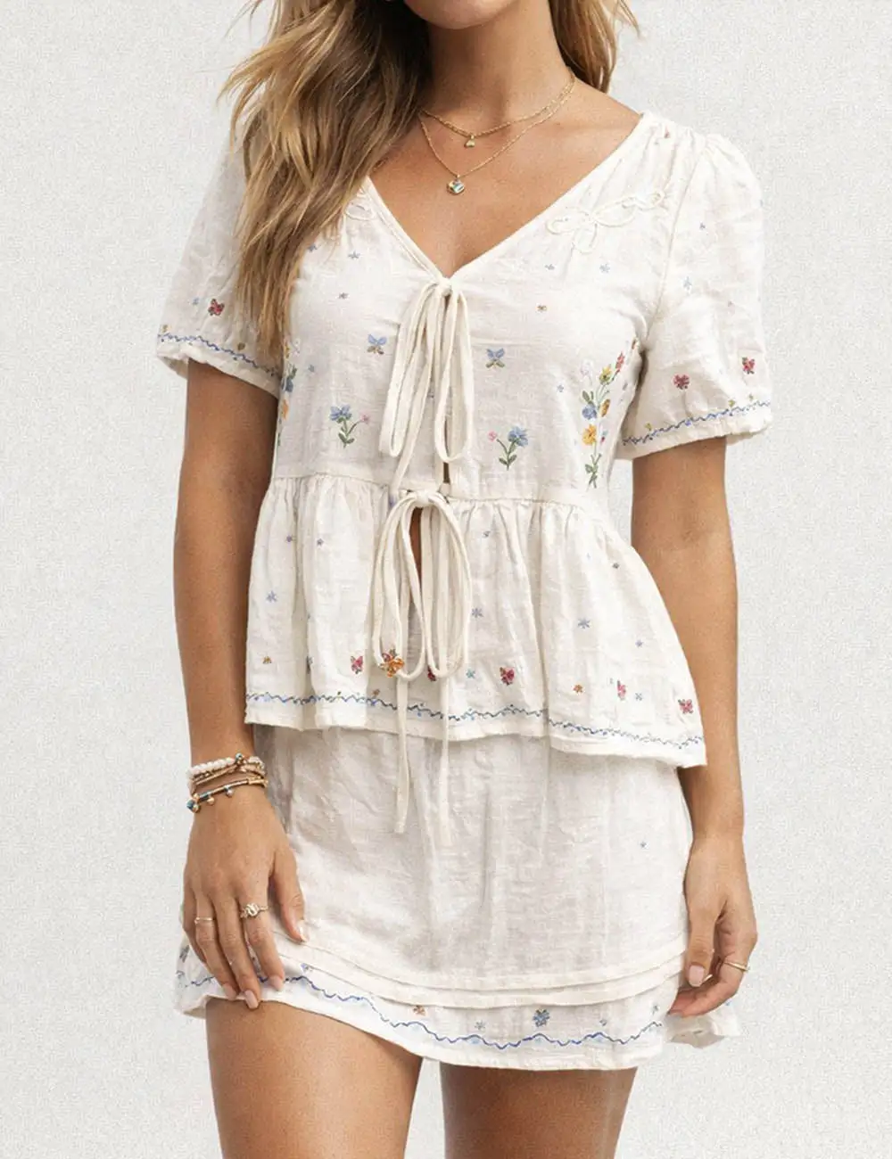Boho Embroidery Short Sleeves Blouse Skirt Set