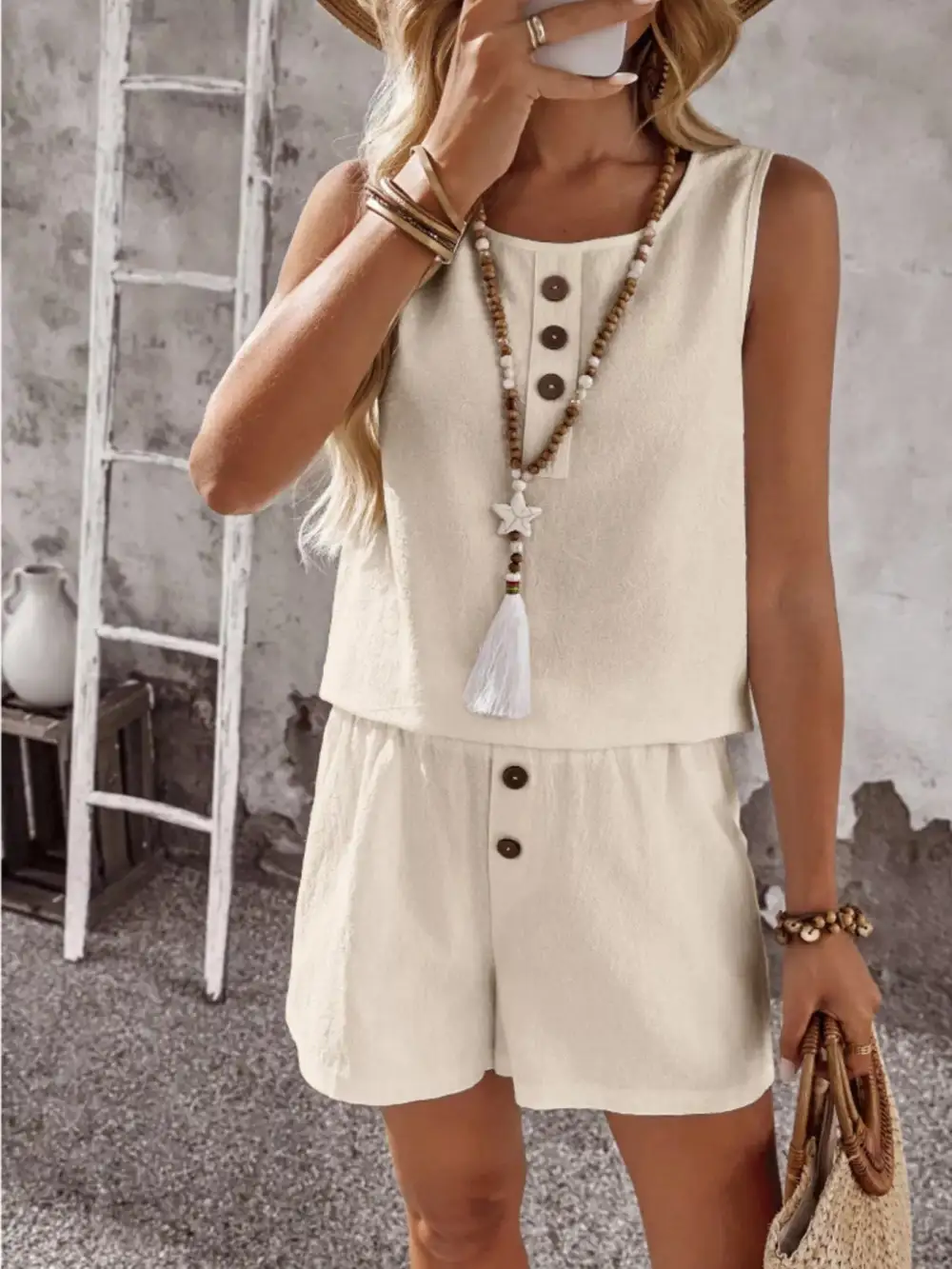 Decor Button Round Neck Tank and Shorts Set