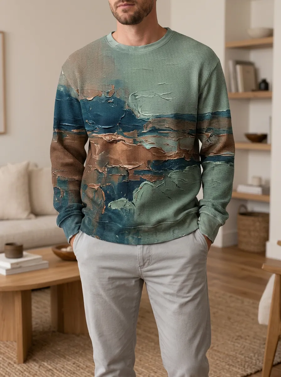 Men's Sage and Earth Tone Abstract Waffle Knit Crewneck Sweatshirt