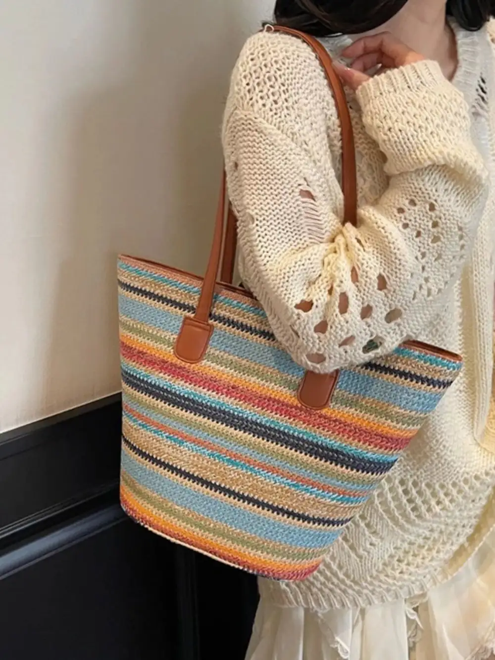 Striped Woven Shoulder Bag