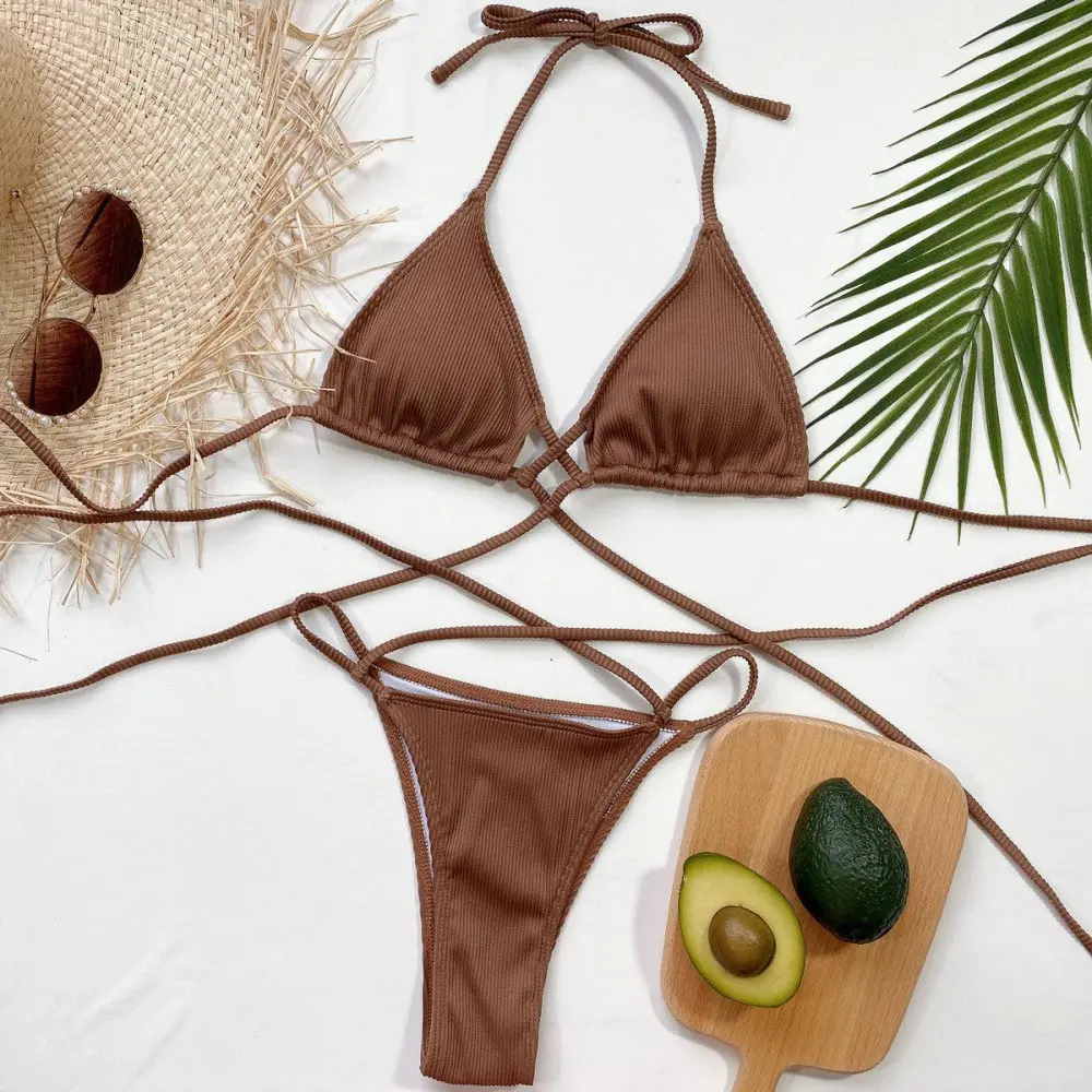 Halter Neck Crisscross Ribbed Bikini Swim Set