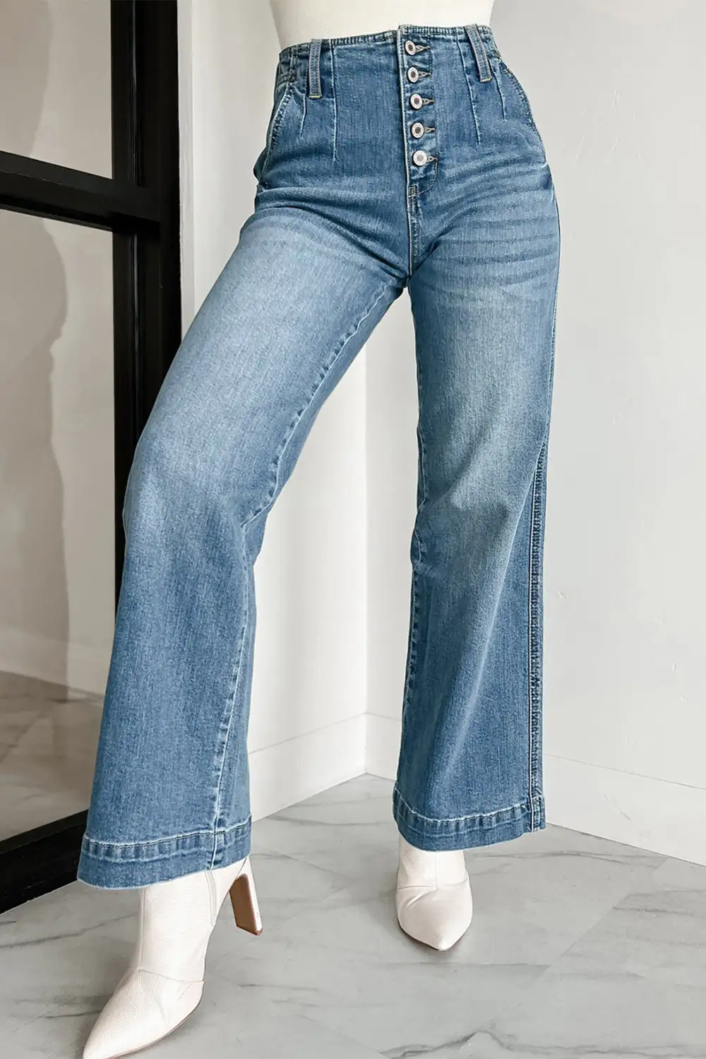 High-Waist Washed Straight Leg Jeans