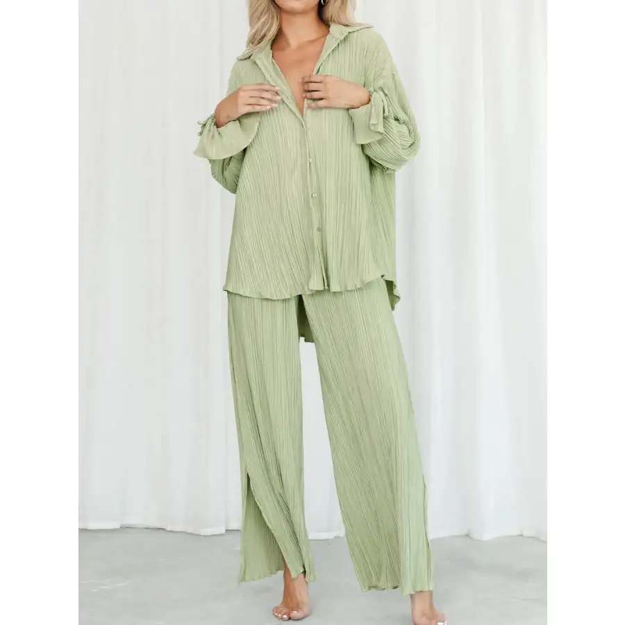 Button Up Long Sleeve Top and Pants Set