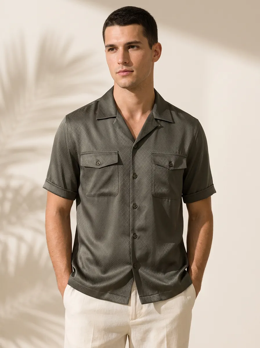 Men's Olive Green Textured Camp Collar Short Sleeve Shirt
