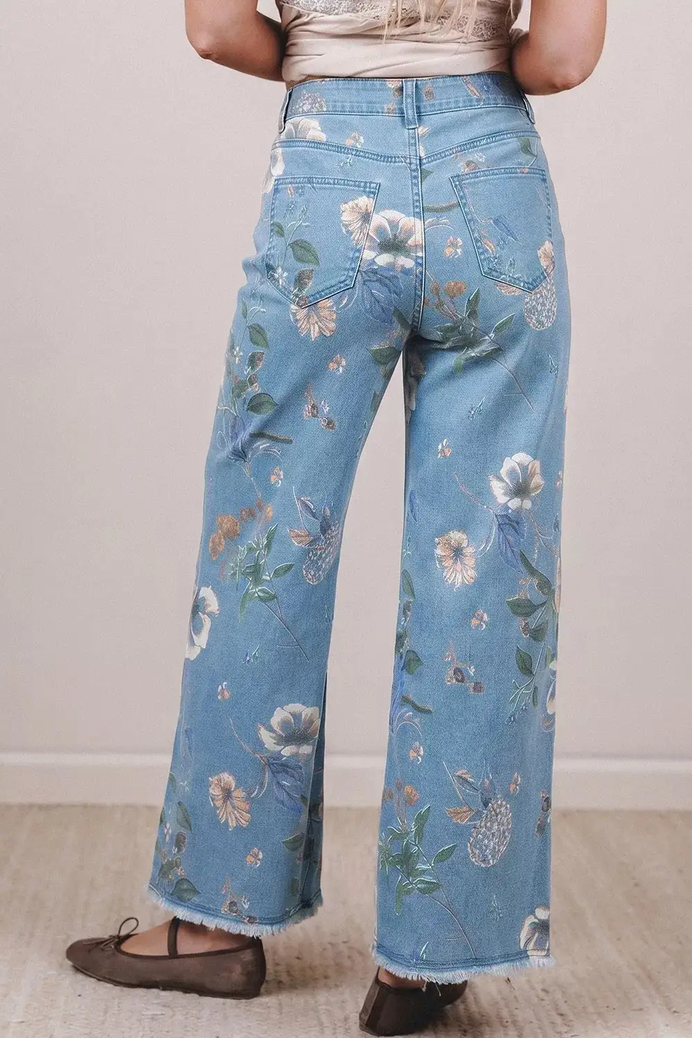 Floral Print Raw Hem Wide Leg Jeans