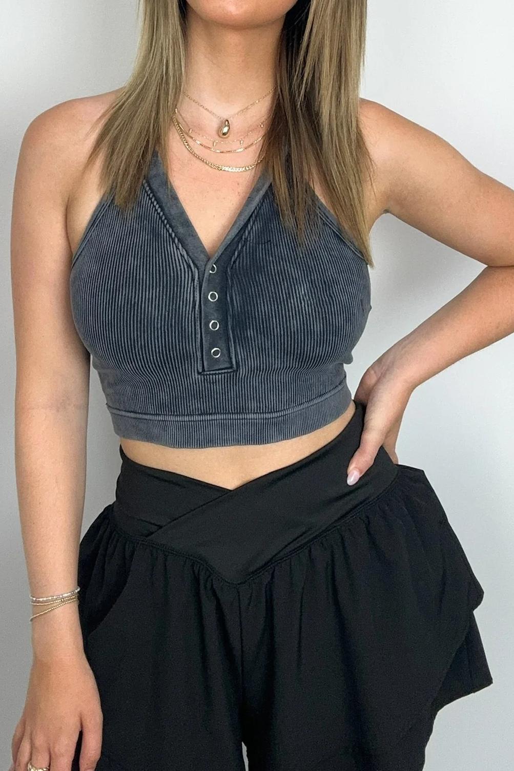 Washed Ribbed Button Cropped Tank Top
