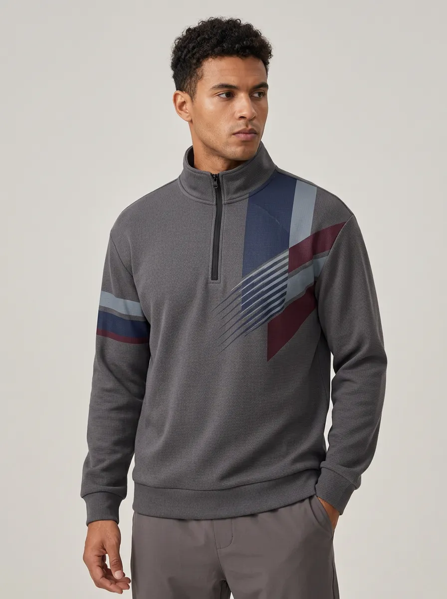 Men's Geometric Stripe Pattern Printed Quarter Zip Sweatshirt
