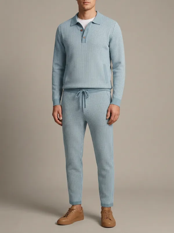 Men's Striped Minimal Polo Collar Jacket and Jogger Pants Set