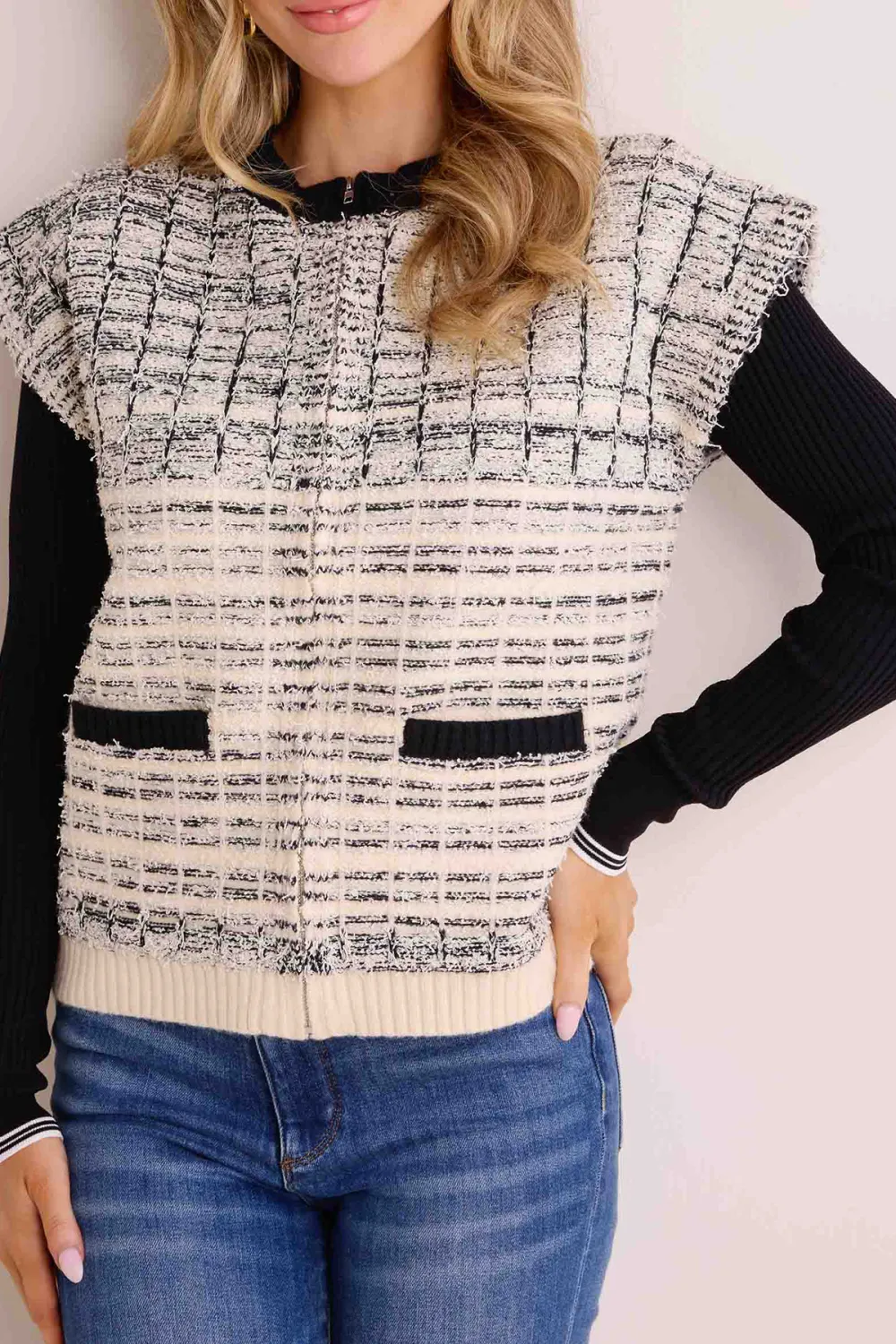 Tweed-Like Cap Sleeve Layered Knit Cardigan