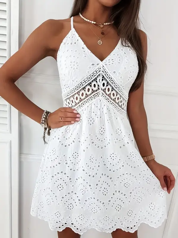 Lace Eyelet V Neck Mini Dress