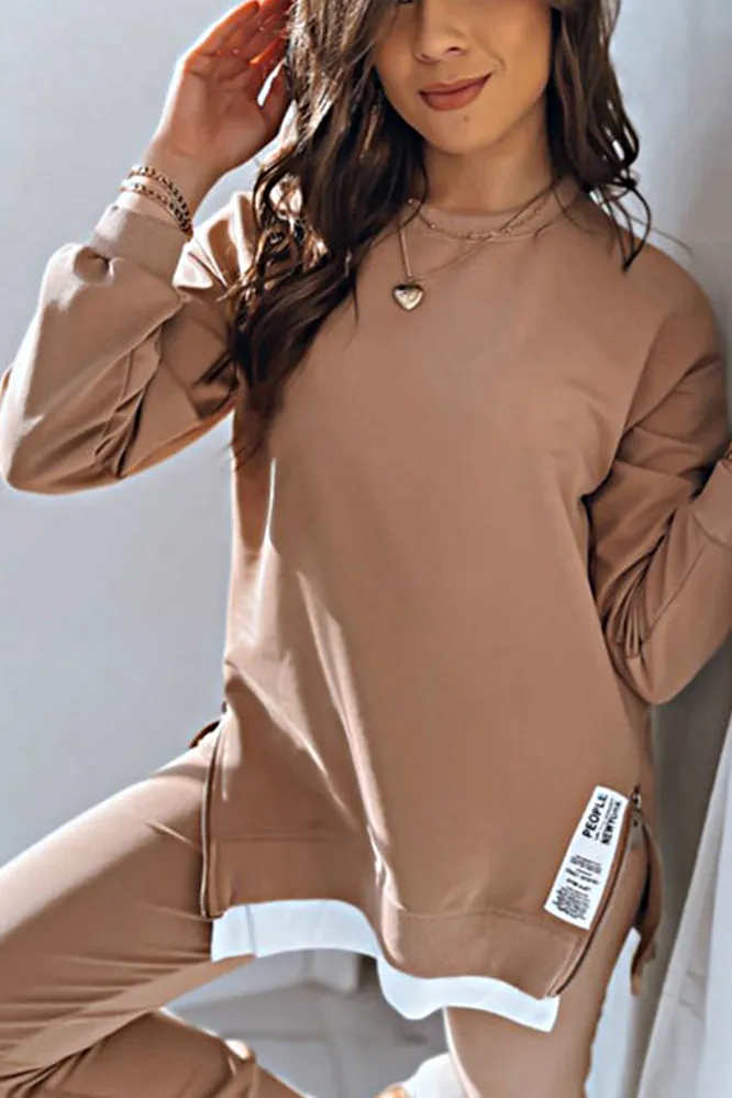 Women's Fashion Side Slit Fake Two-piece Top & Pants Two-piece Set