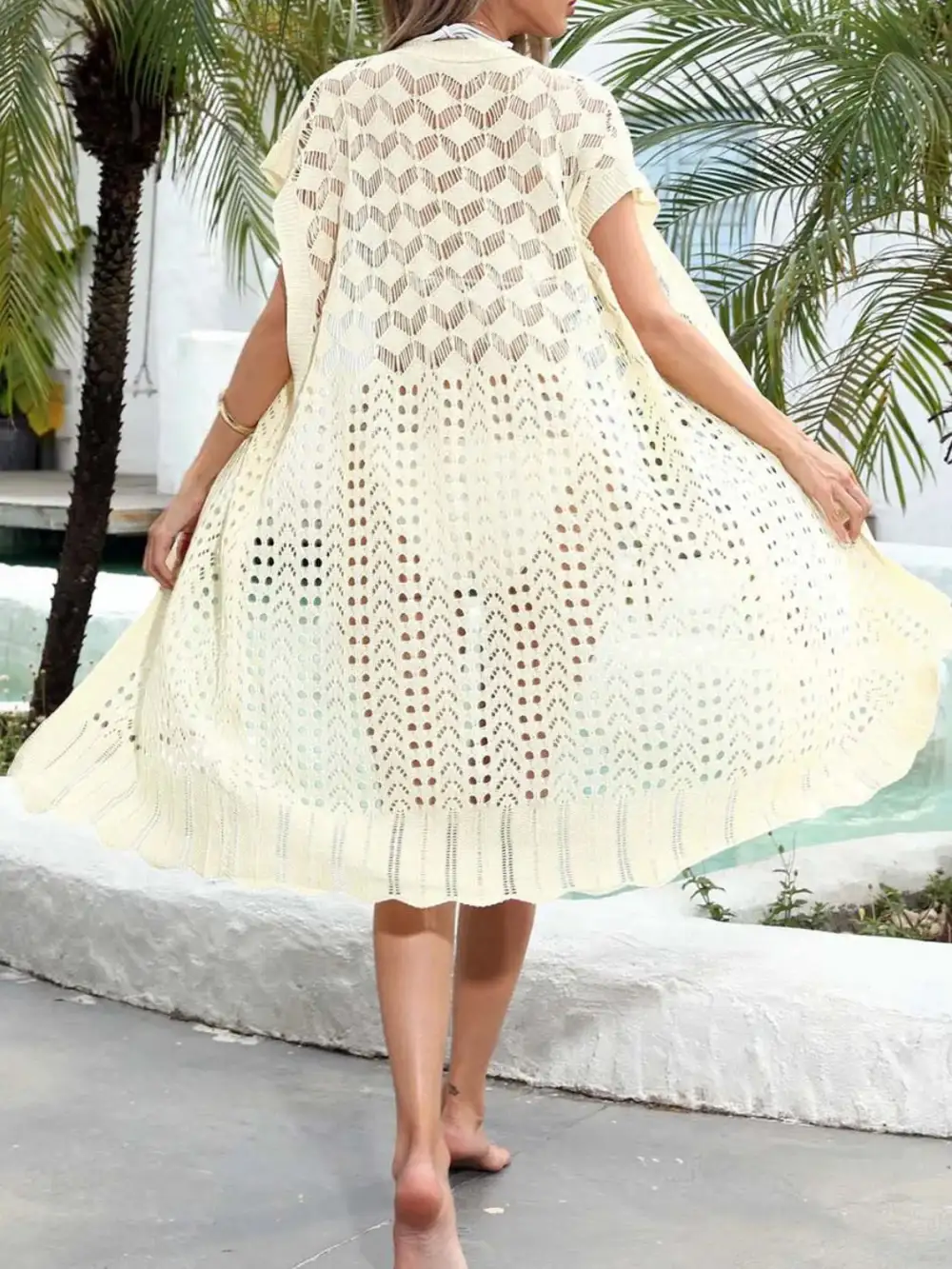 Open Front Short Sleeve Openwork Swim Cover Up