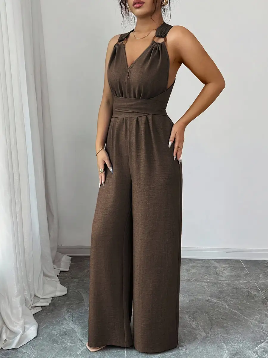 Hoog Getailleerde Mouwloze Rugloze Effen Kleur Gebonden Jumpsuits