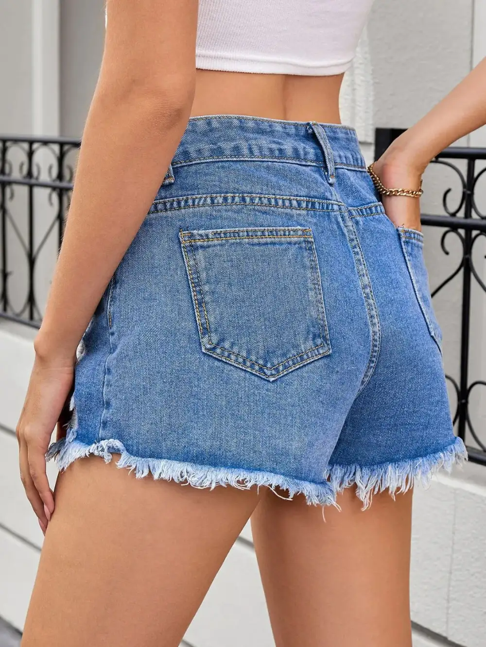 Tailored Distressed Raw Hem Denim Shorts