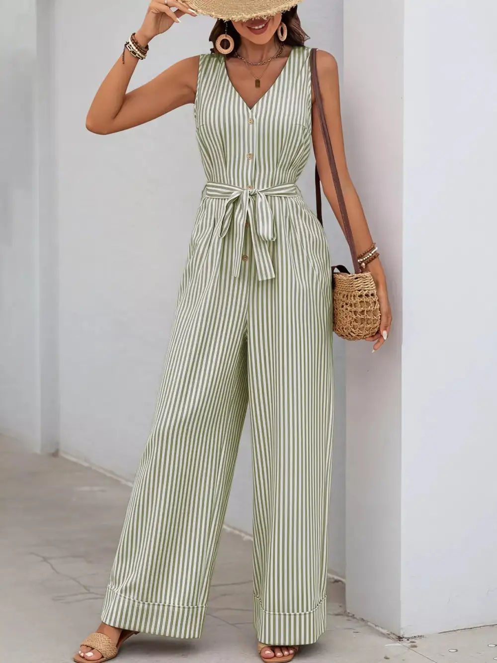 Striped Button Front Tie Waist Wide Jumpsuit