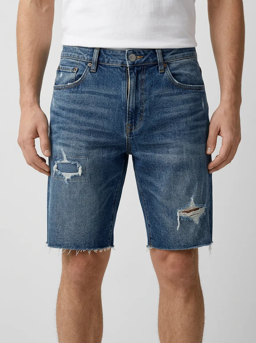 Men's Modern Distressed Raw Hem Distressed Denim Shorts