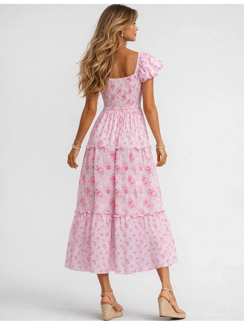 Boho Neck Puff Sleeves Maxi Dress