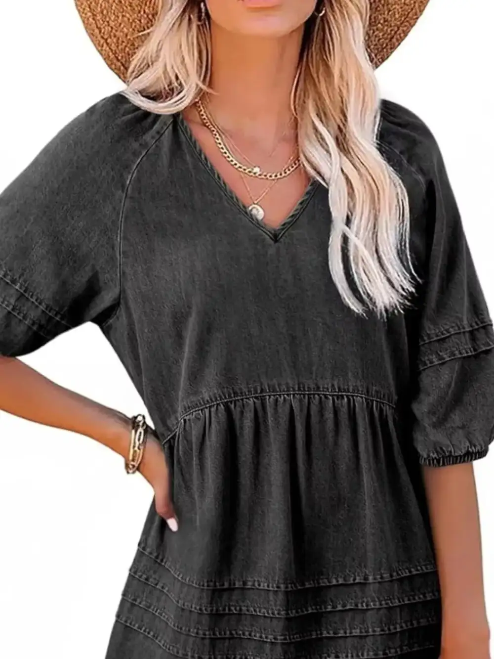 Denim V Neck Puff Sleeve Mini Dress