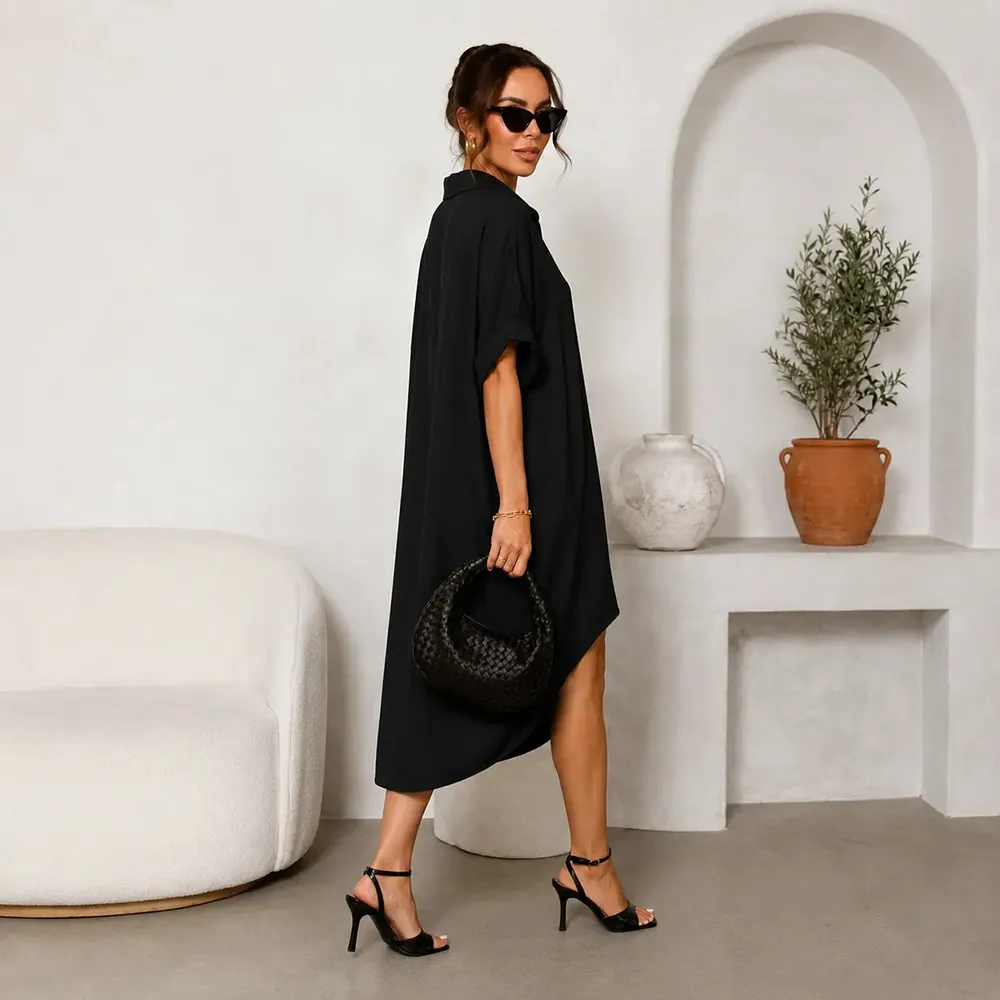 Women Turn-Down Collar Button Up Shirt Dress