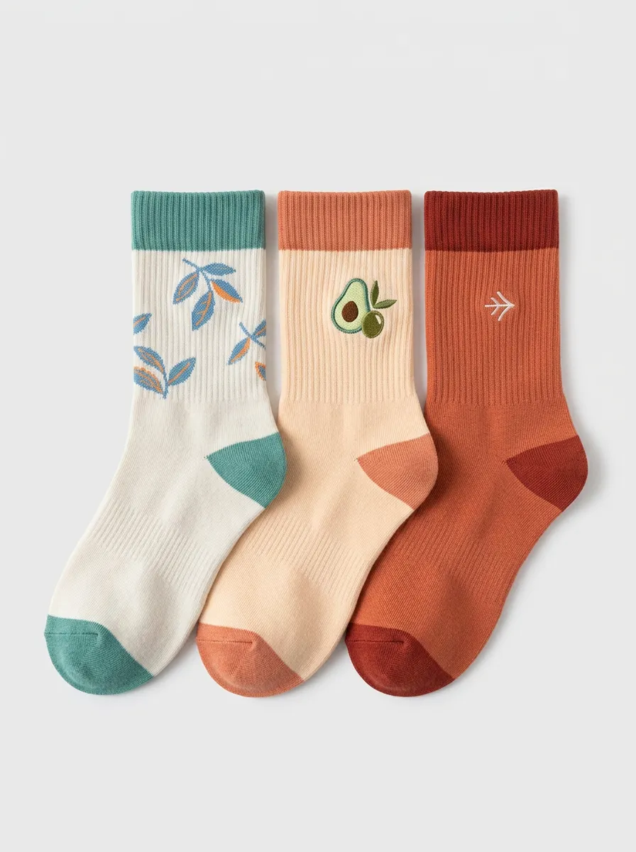 Unisex Avocado Airplane Nature Three-Pair Embroidered Crew Socks
