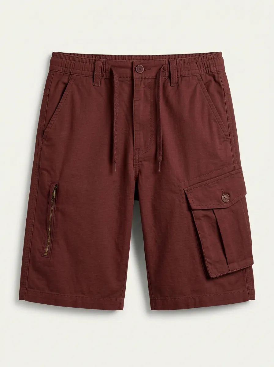 Men's Khaki Multi-Pocket Drawstring Cargo Shorts