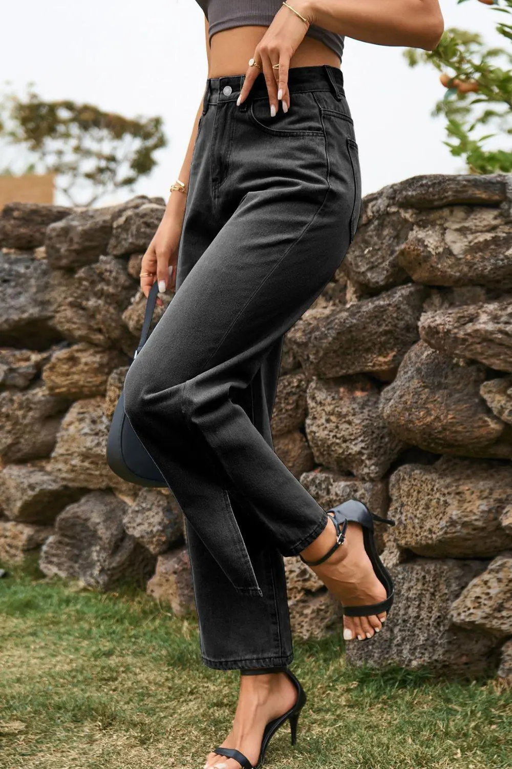 High Waist Loose Fit Slit Denim Jeans