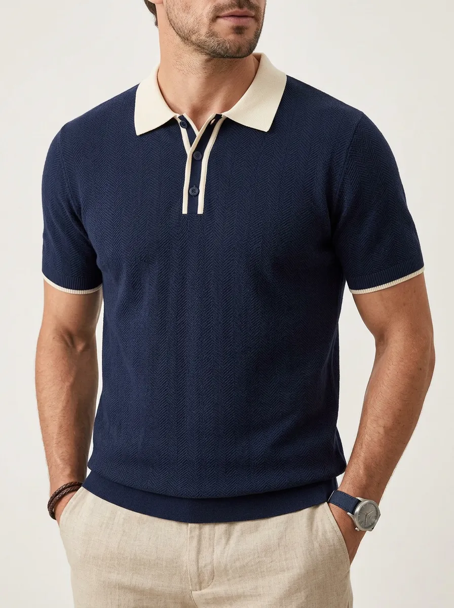Men's Navy Herringbone Contrast-Collar Knit Polo Shirt