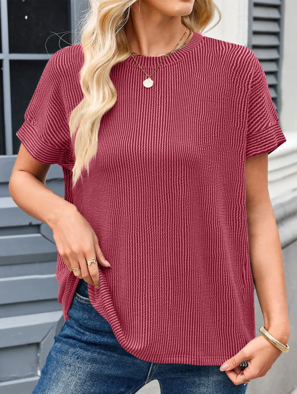 Ribbed Knit Crew Neck Tee