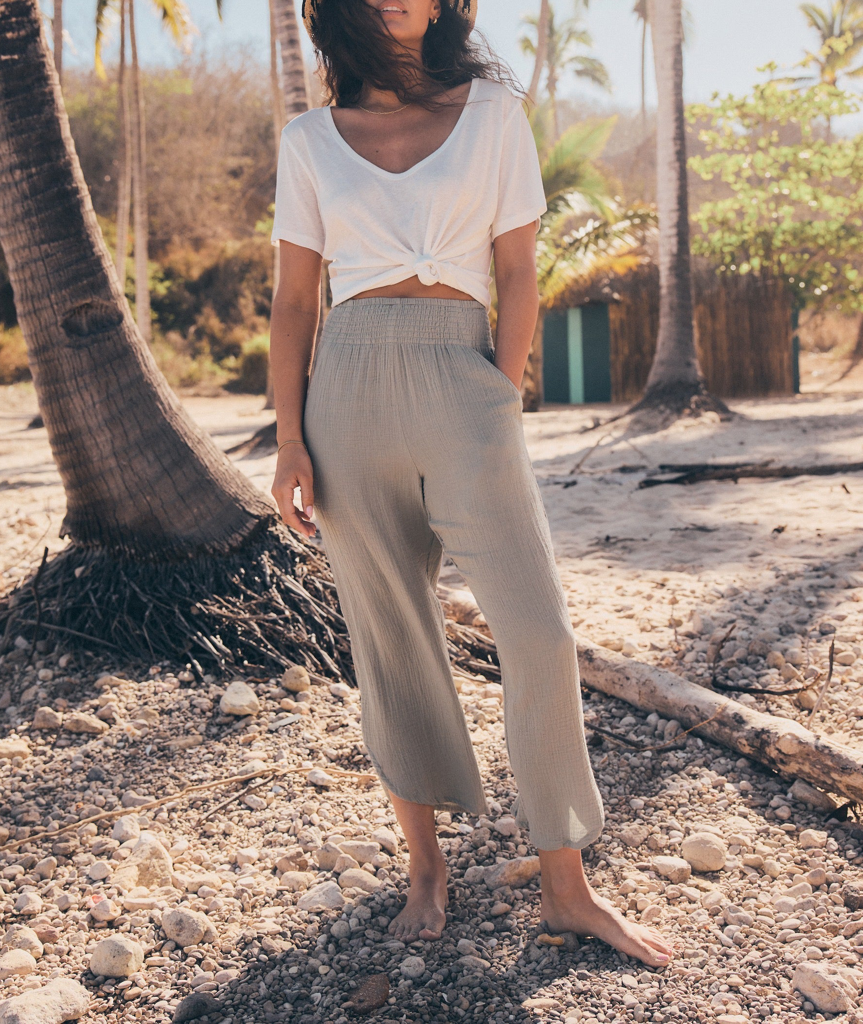 Olive Green Textured Cropped Pants